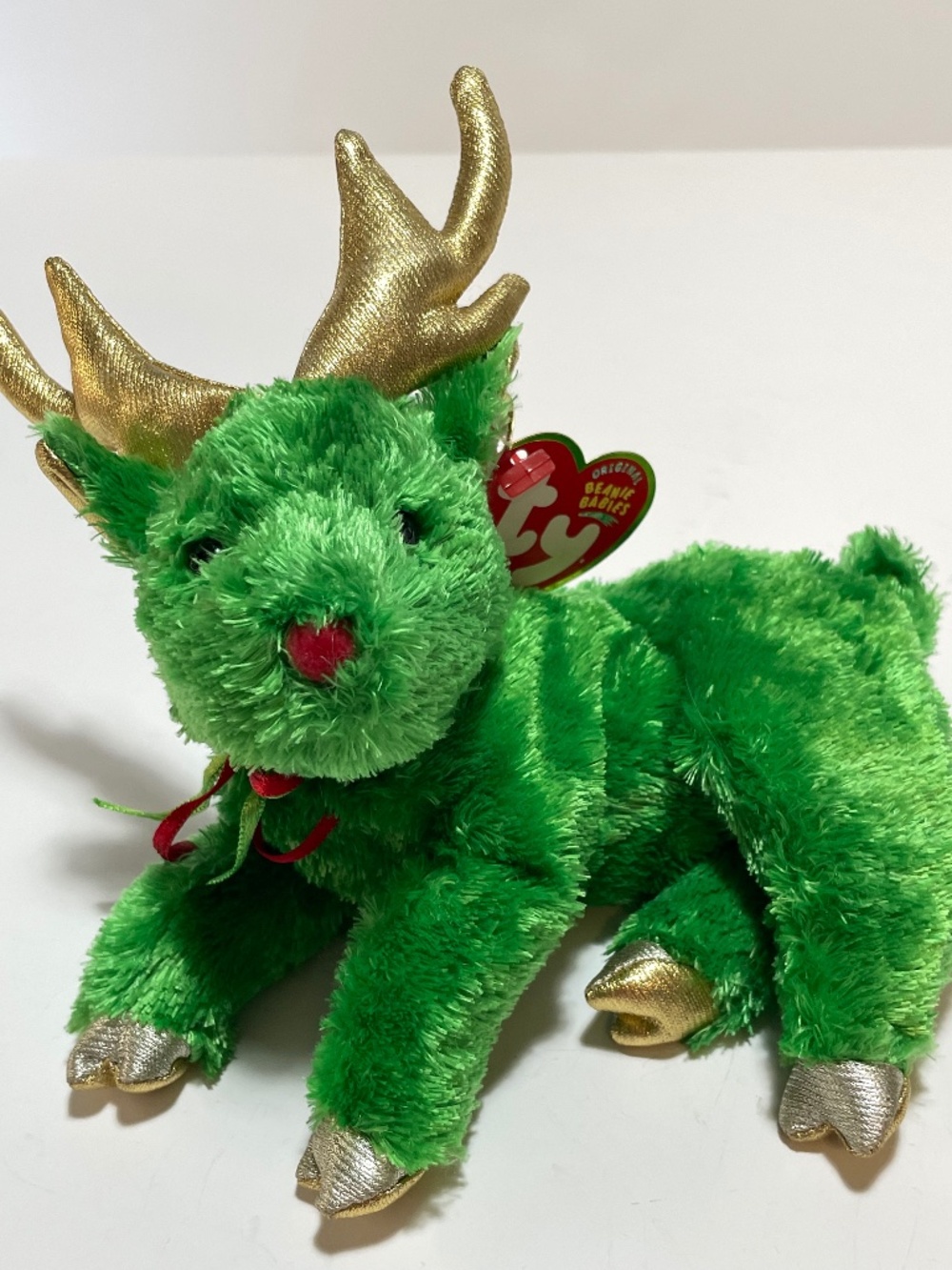 Ty Sleighbelle Beanie Baby Green Christmas Reindeer